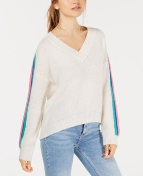 Ultra Flirt Juniors' Varsity-Stripe V-Neck Sweater, White - XLarge